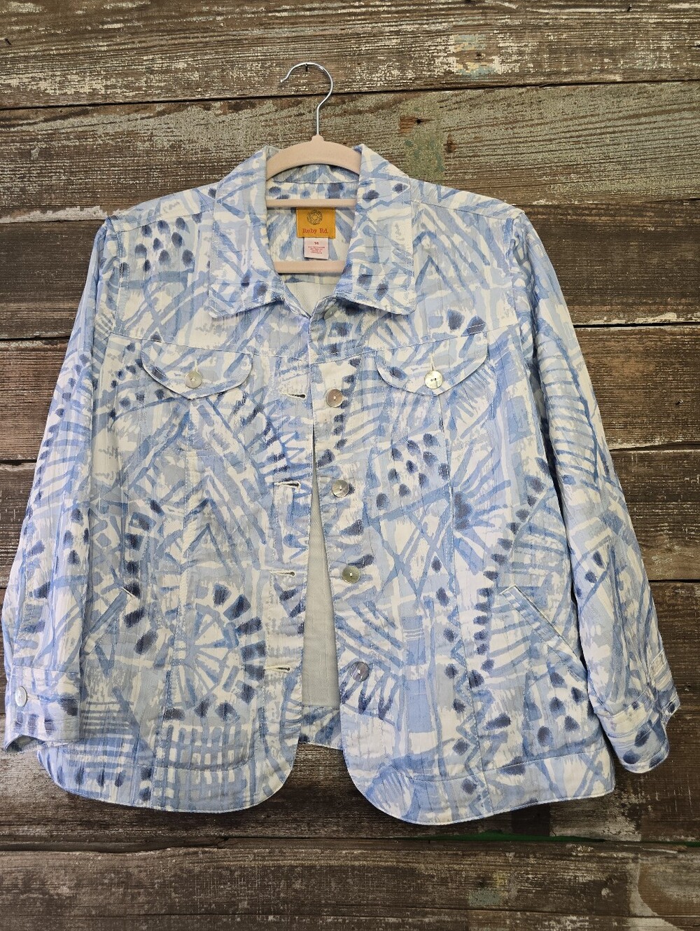 Ruby Rd Size 14 Blue White Abstract Print Lightweight Jacket, Artsy Coastal